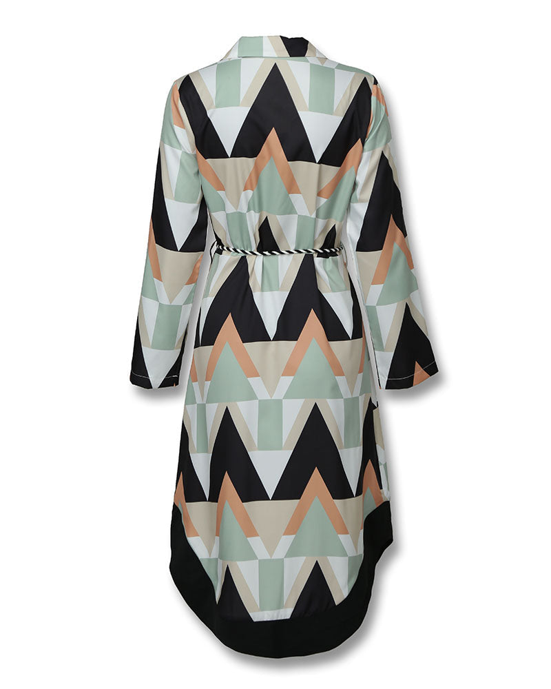 Geo Print Long Sleeve Asymmetrical Shirt Dress