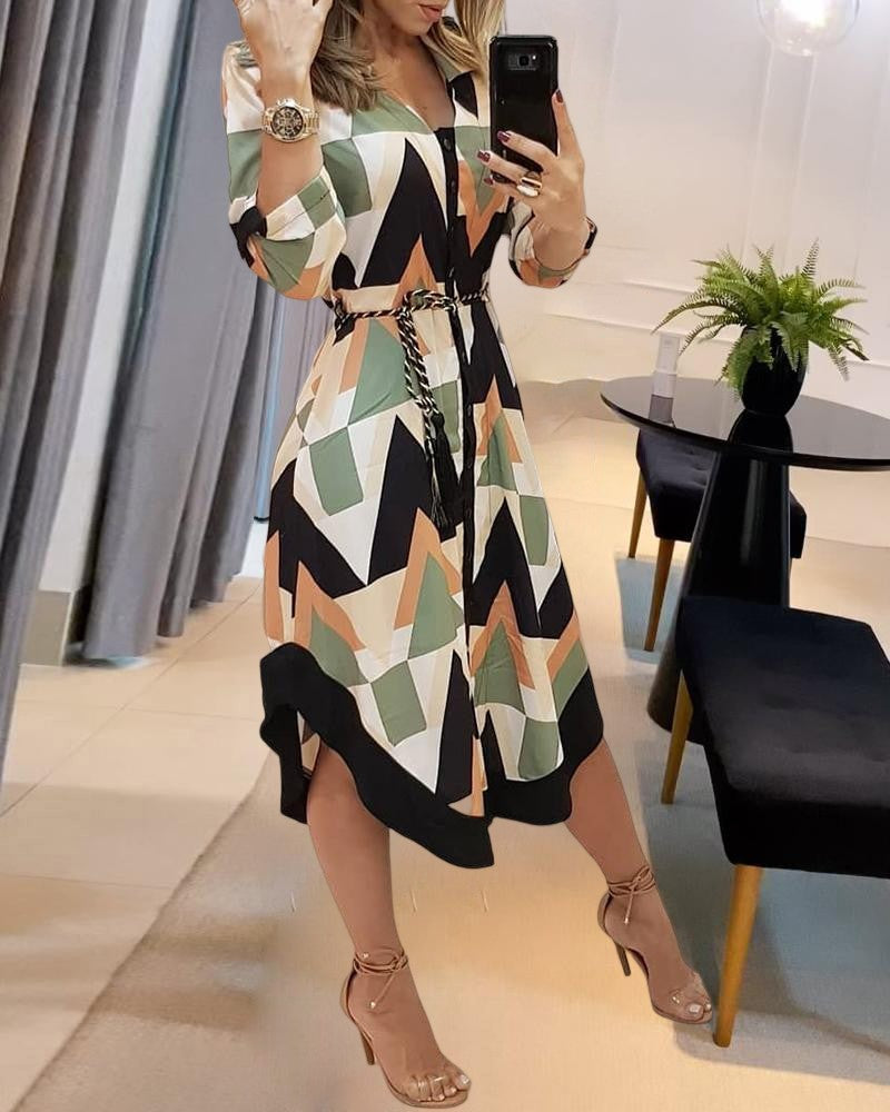 Geo Print Long Sleeve Asymmetrical Shirt Dress