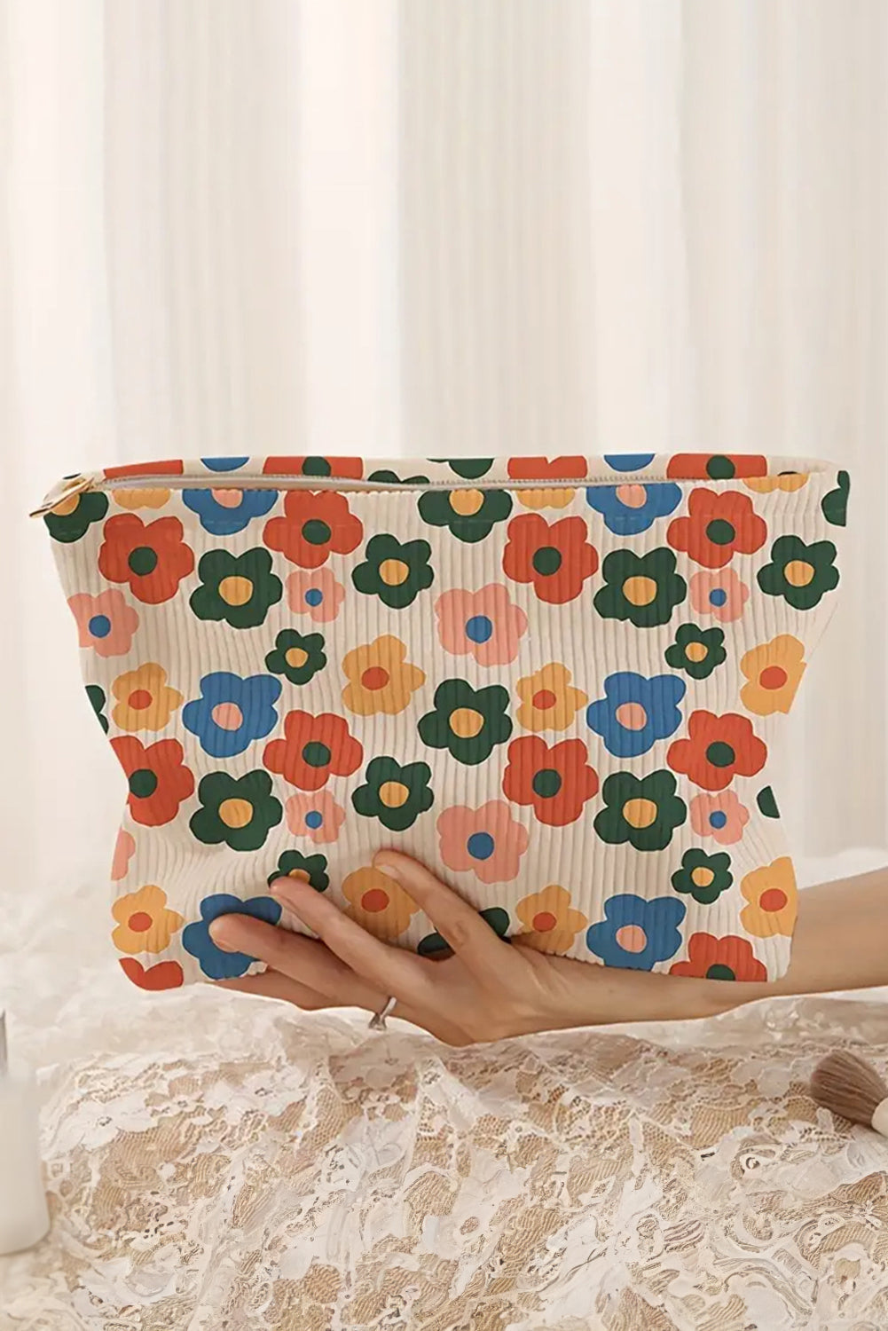 Red Colorful Flower Printed Rib Textured Cosmetic Bag