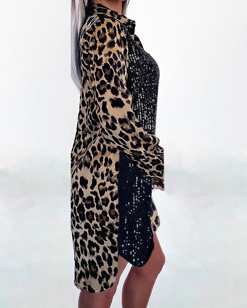 Contrast Sequin Leopard Print Satin Shirt Dress