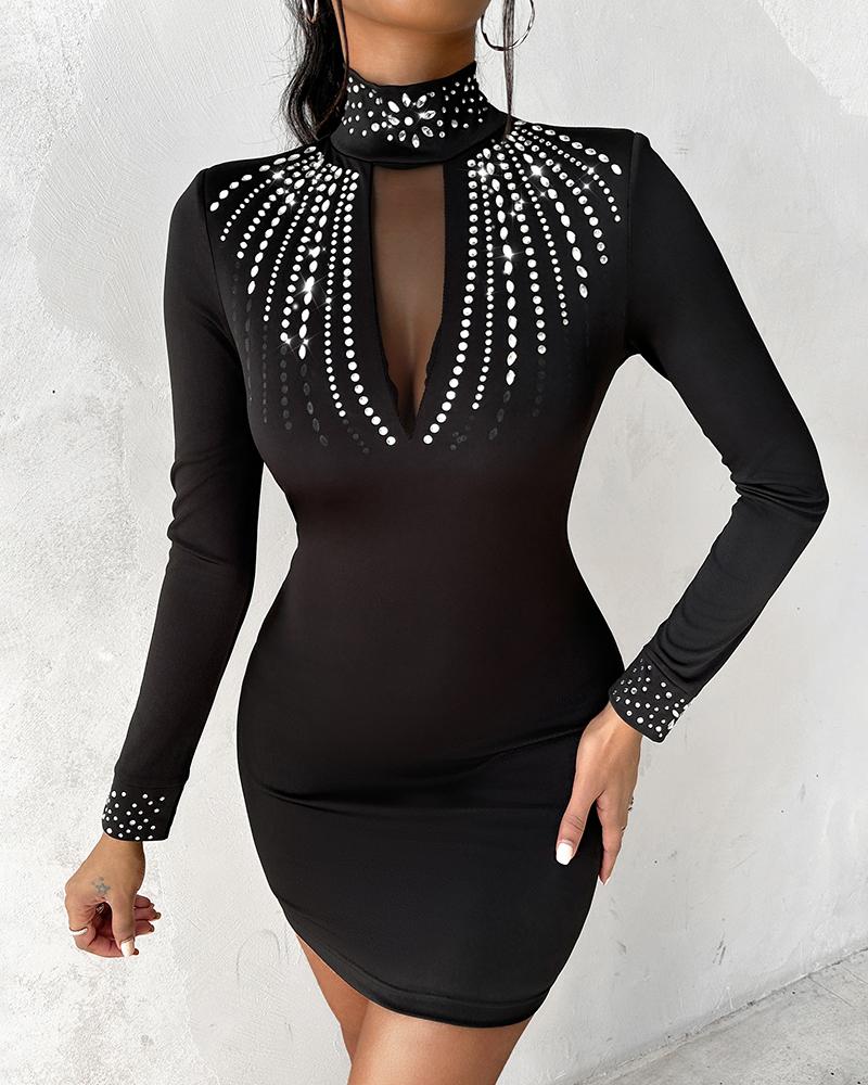 Rhinestone Decor Long Sleeve Bodycon Dress