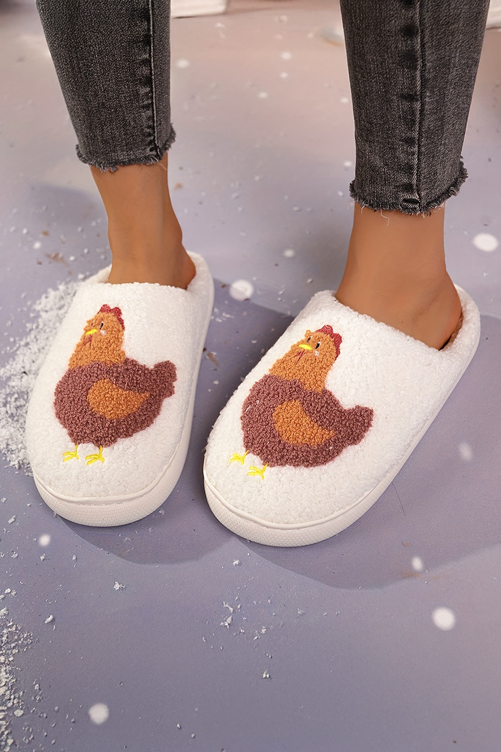 White Chicken Pattern Non-Slip Plush Warm Slippers