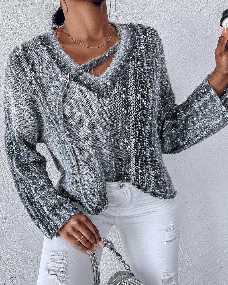 Ombre V Neck Contrast Sequin Drop Shoulder Knit Sweater