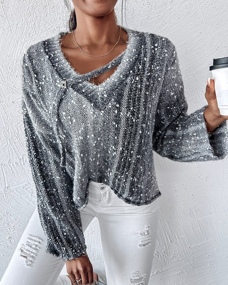 Ombre V Neck Contrast Sequin Drop Shoulder Knit Sweater