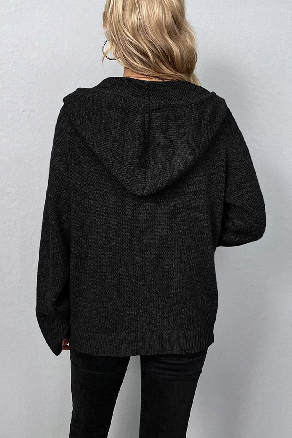 Black Drawstring Hooded Button Up Drop Shoulder Sweater Cardigan