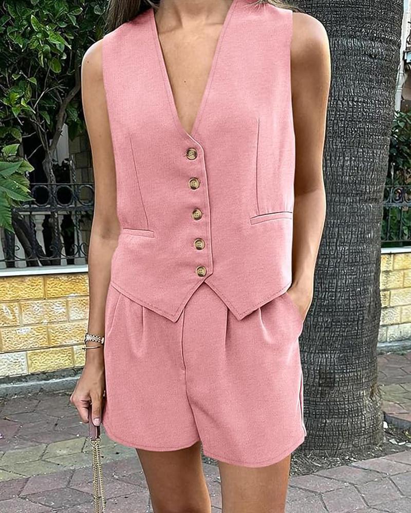 V Neck Buttoned Vest Top & Shorts Set