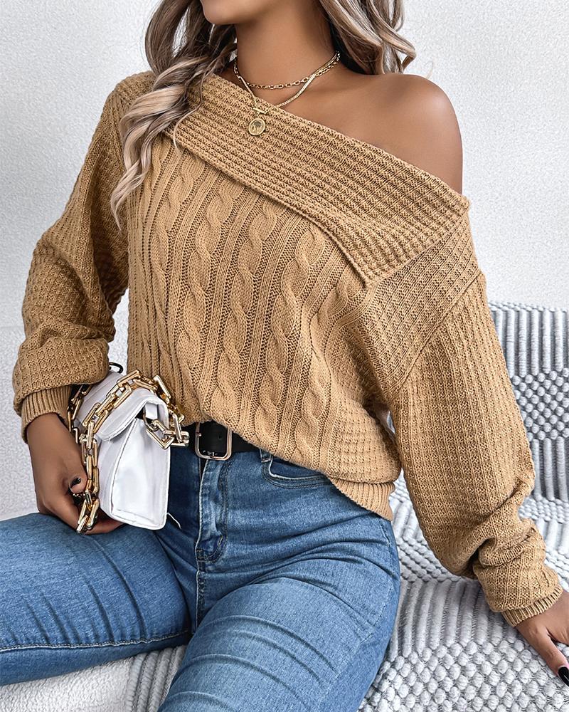 Skew Neck Long Sleeve Cable Knit Sweater