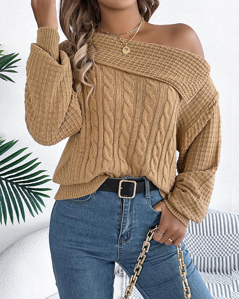 Skew Neck Long Sleeve Cable Knit Sweater