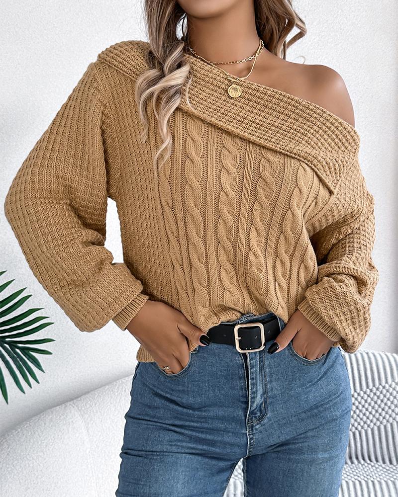 Skew Neck Long Sleeve Cable Knit Sweater