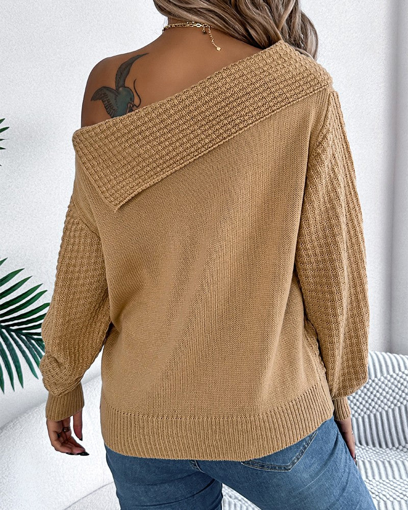 Skew Neck Long Sleeve Cable Knit Sweater