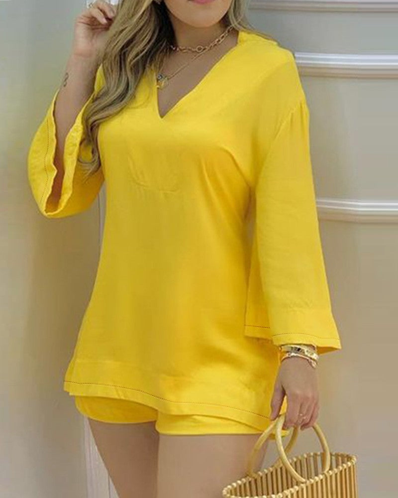 Bell Sleeve V Neck Top & Shorts Set