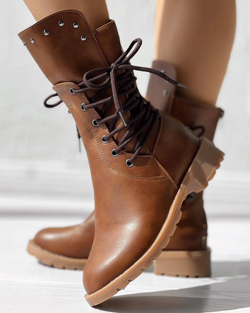 Studded Side Lace up Chunky Heel Ankle Boots