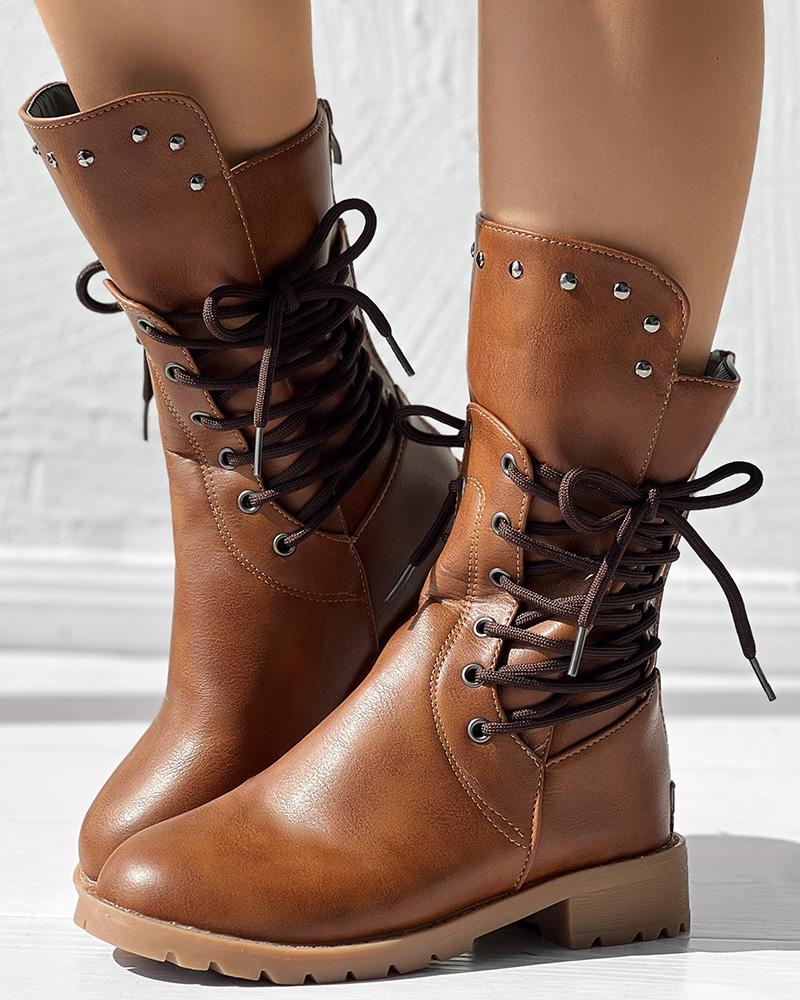 Studded Side Lace up Chunky Heel Ankle Boots