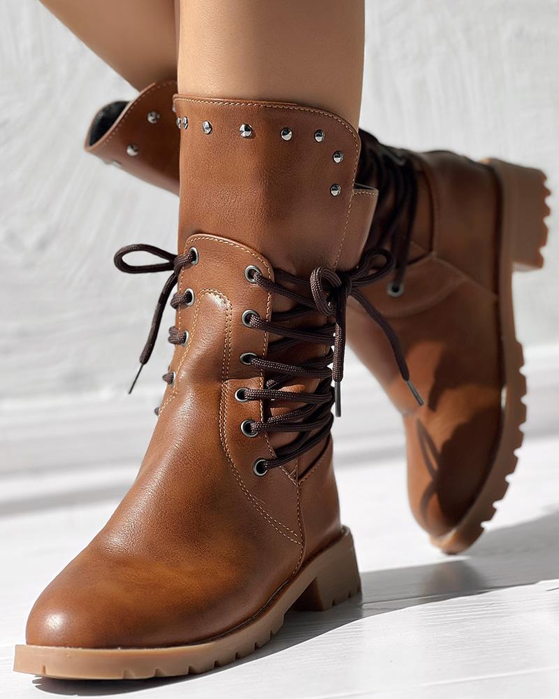 Studded Side Lace up Chunky Heel Ankle Boots