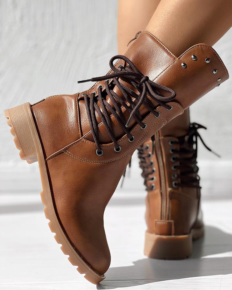 Studded Side Lace up Chunky Heel Ankle Boots