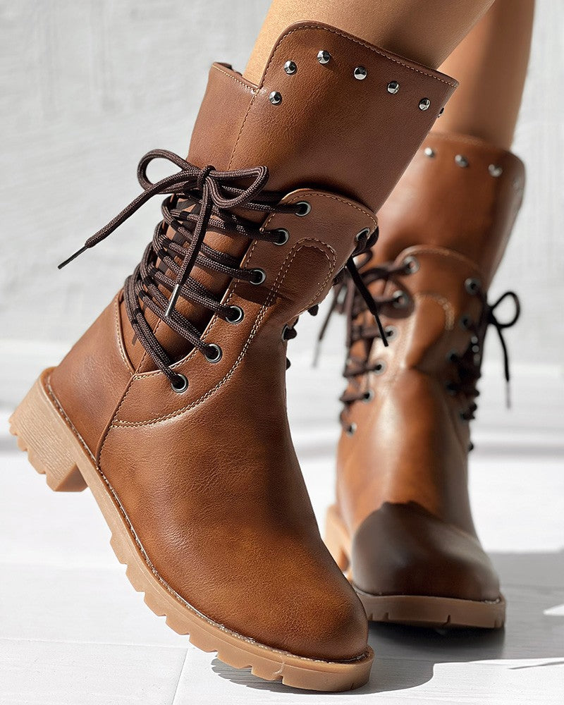 Studded Side Lace up Chunky Heel Ankle Boots