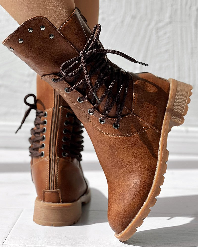 Studded Side Lace up Chunky Heel Ankle Boots