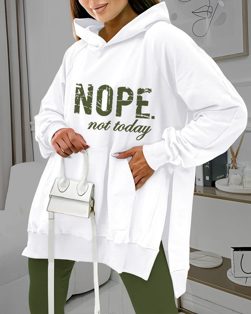 Nope Not Today Print Pocket Design Slit Hoodie & Pants Set