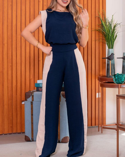 Colorblock Round Neck Top & Wide Leg Pants Set