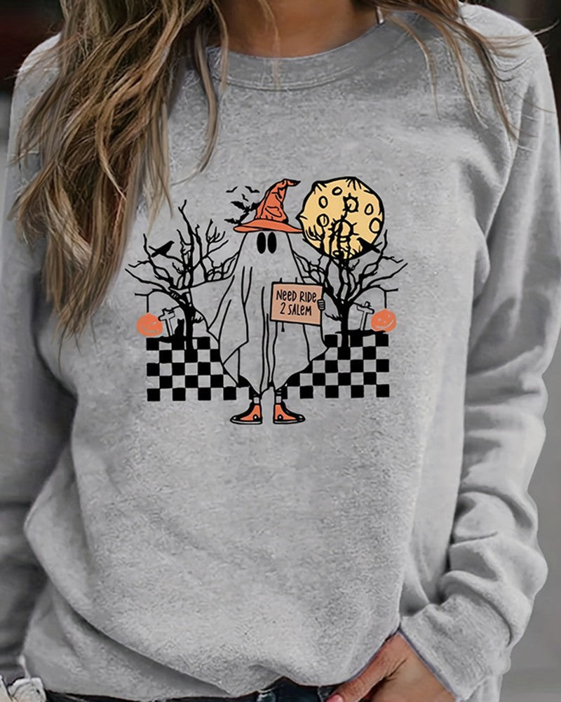 Halloween Ghost Graphic Print Crew Neck Sweatshirt