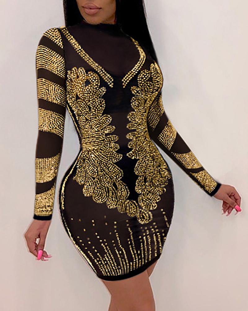 Sheer Mesh Rhinestone Decor Bodycon Dress