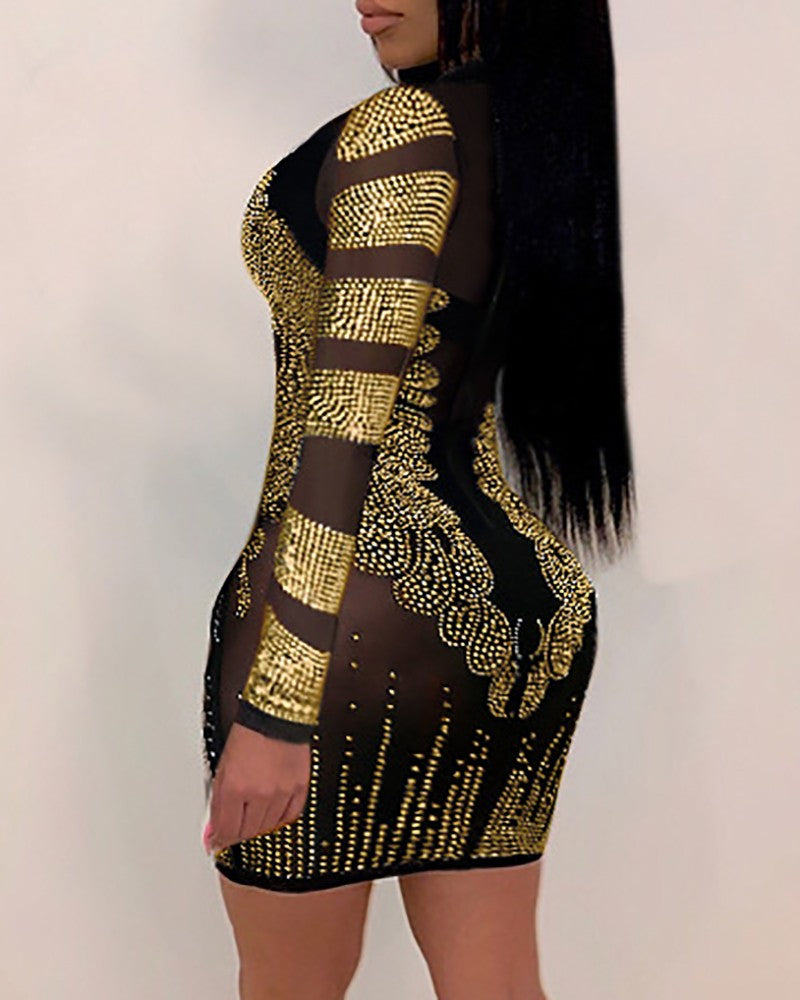 Sheer Mesh Rhinestone Decor Bodycon Dress