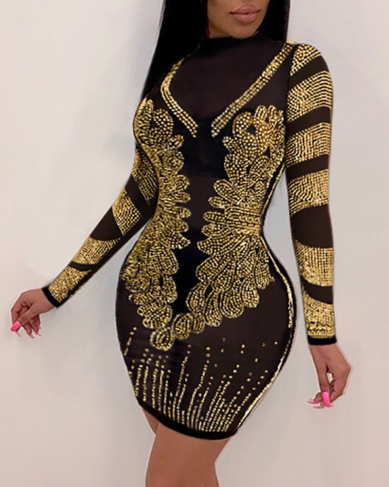 Sheer Mesh Rhinestone Decor Bodycon Dress