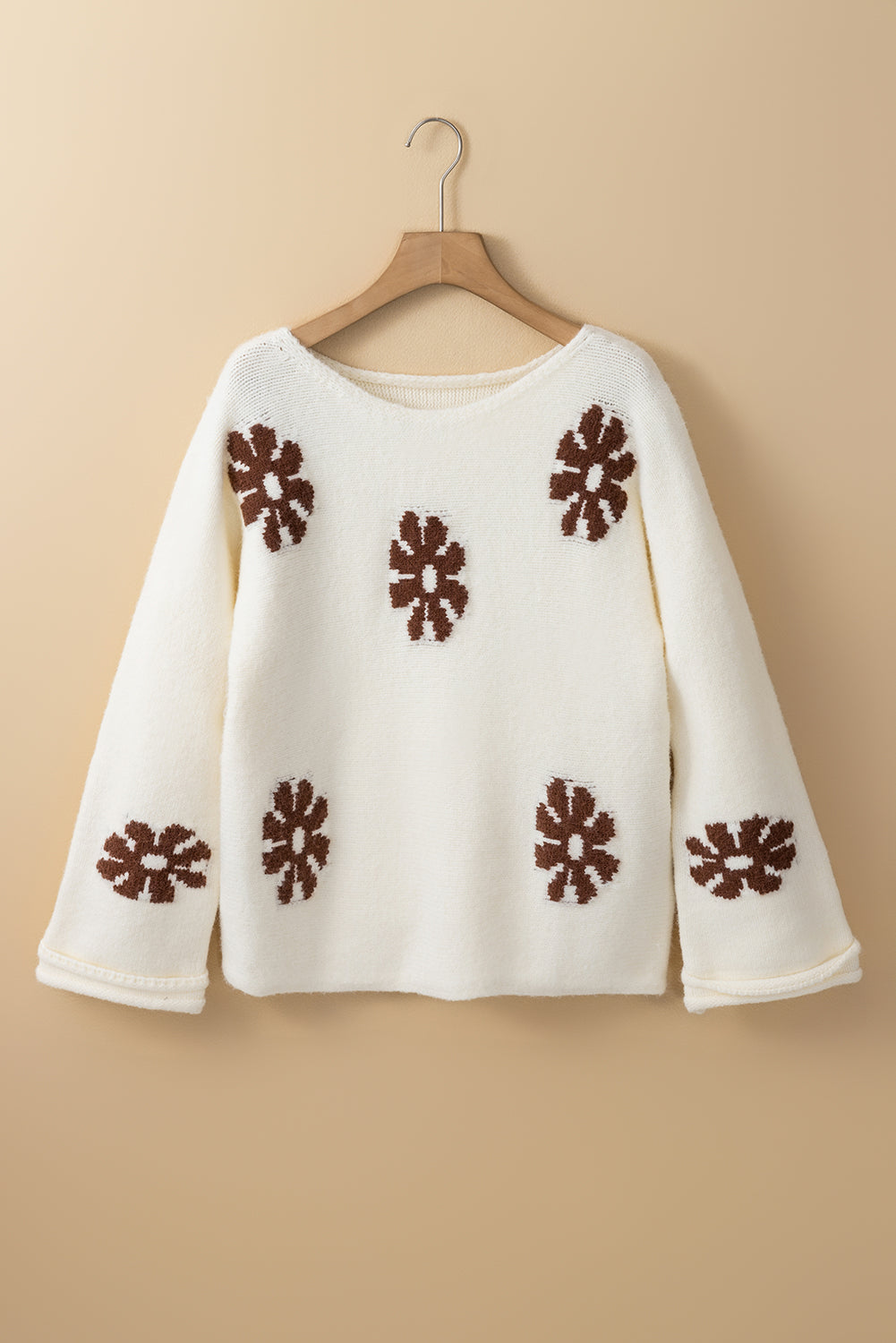 White Colorblock Floral Pattern Round Neck Sweater