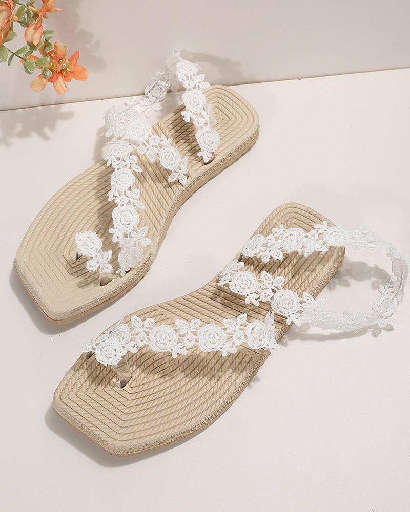 Lace Floral Pattern Toe Ring Summer Beach Sandals