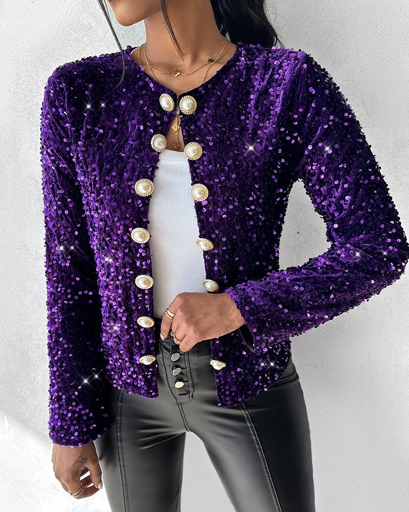 Colorful Allover Sequin Buttoned Coat