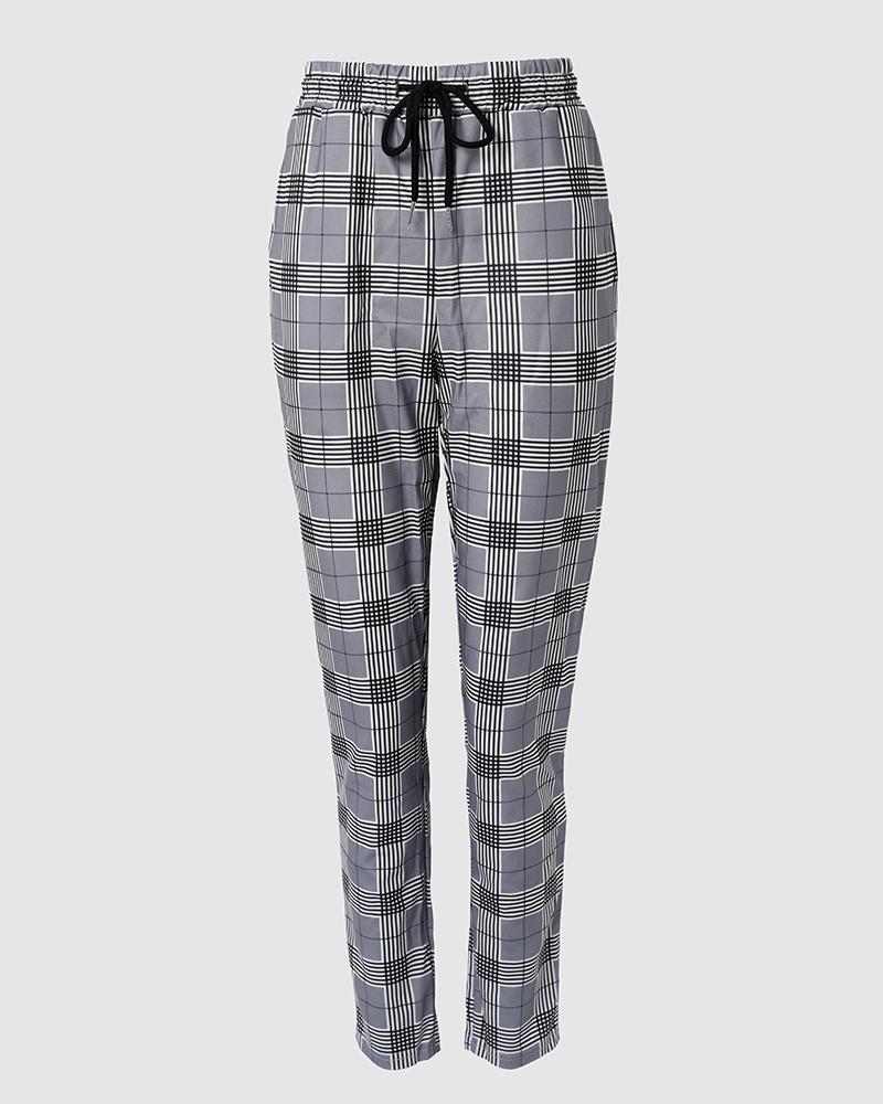 Plaid Print Pocket Design High Waist Pants