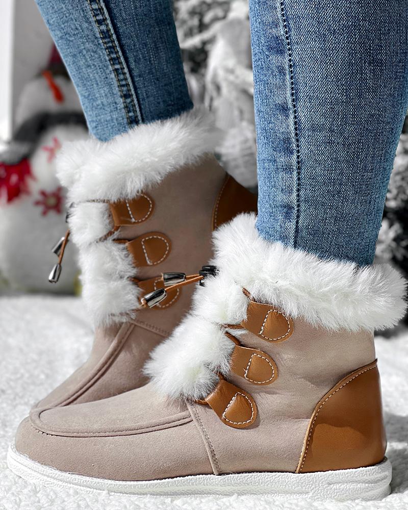 Drawstring Lace up Fuzzy Lined Ankle Boots