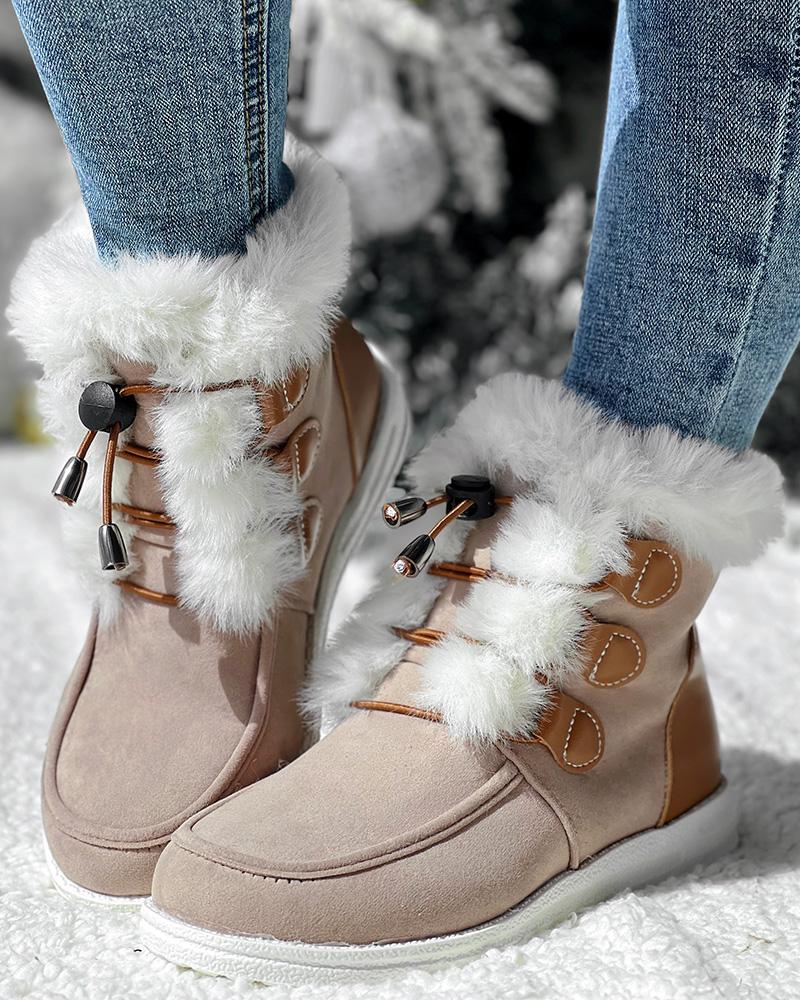 Drawstring Lace up Fuzzy Lined Ankle Boots