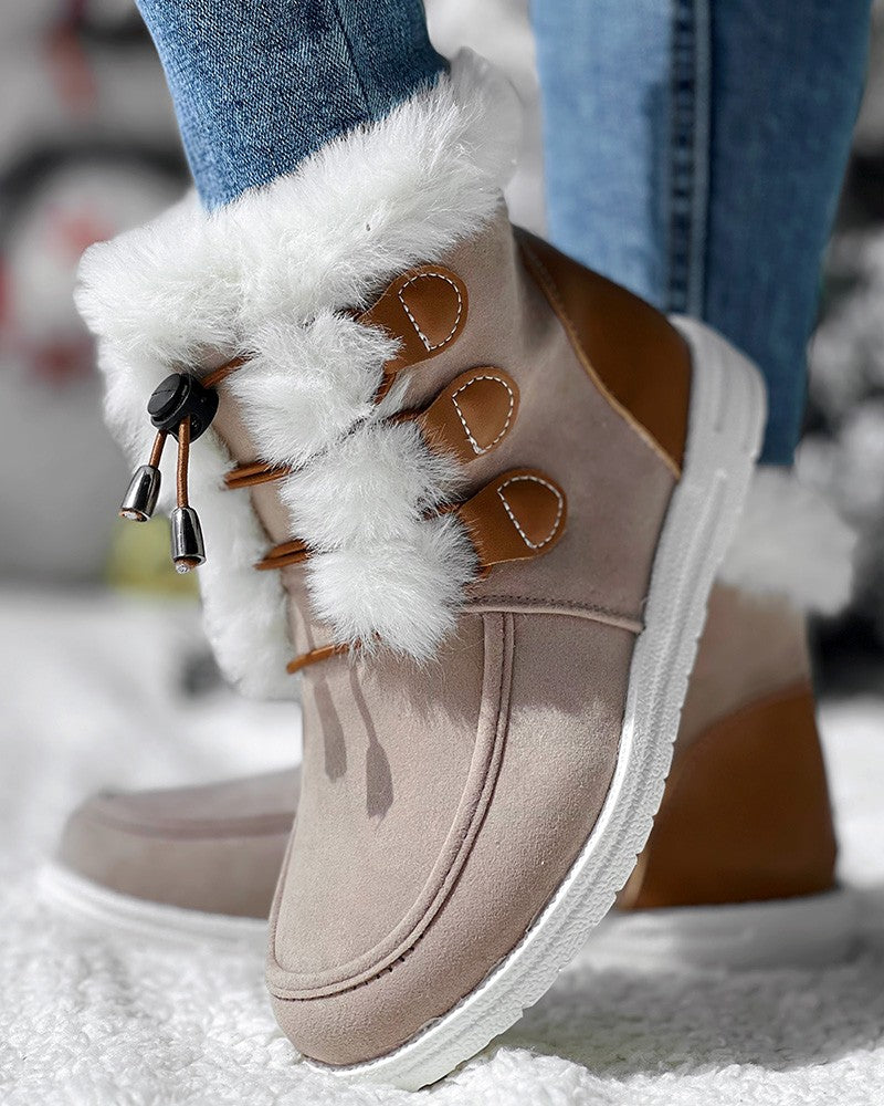 Drawstring Lace up Fuzzy Lined Ankle Boots