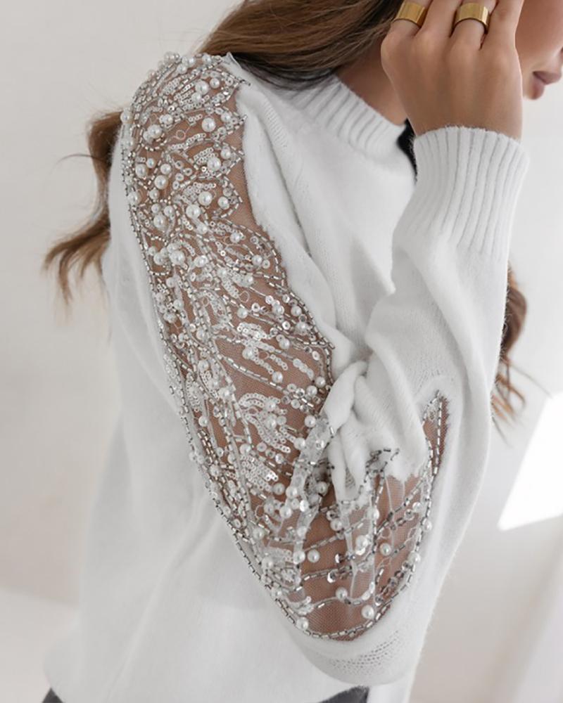 Contrast Sequin Beaded Sheer Mesh Patch Knit Sweater