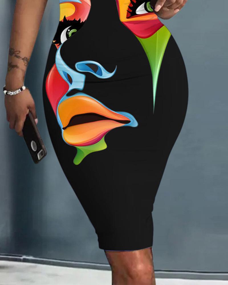 Abstract Figure Print Sleeveless U Neck Bodycon Dress