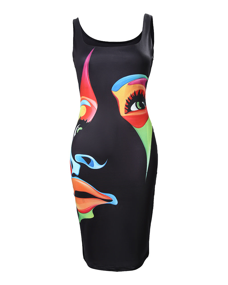 Abstract Figure Print Sleeveless U Neck Bodycon Dress