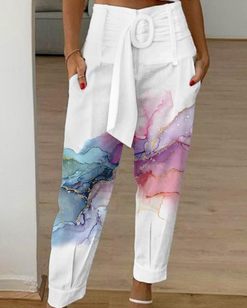 Marble Print High Waist Belted Pocket Design Pants