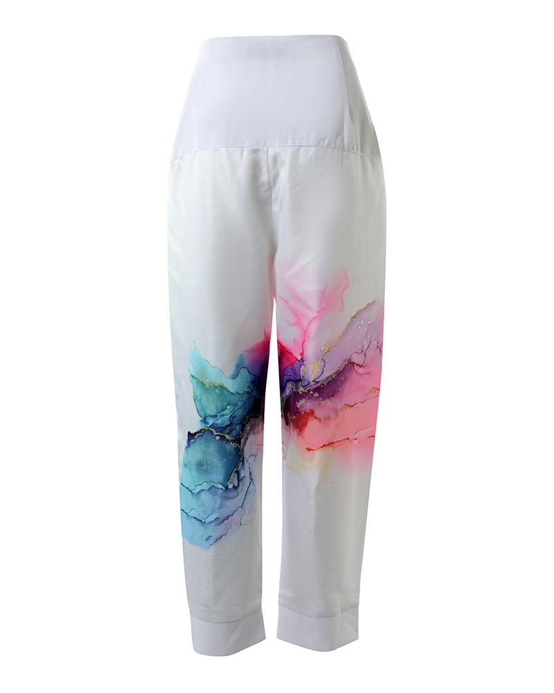 Marble Print High Waist Belted Pocket Design Pants