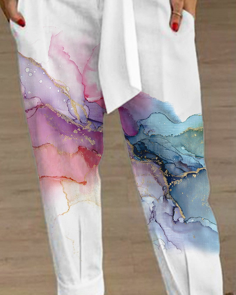 Marble Print High Waist Belted Pocket Design Pants