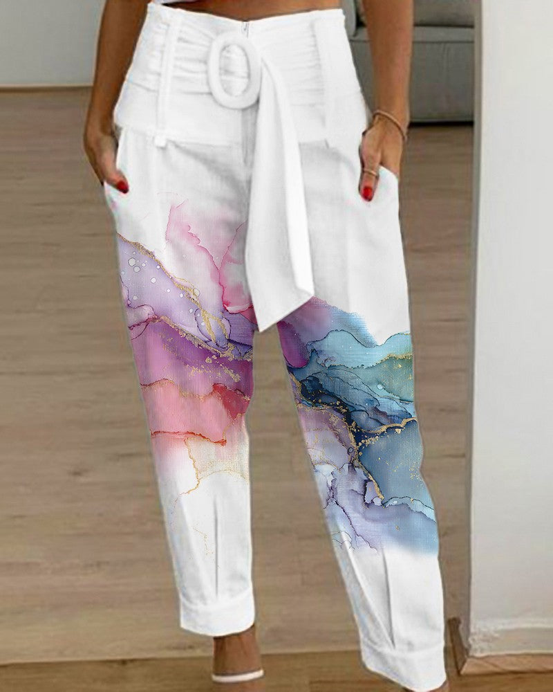 Marble Print High Waist Belted Pocket Design Pants