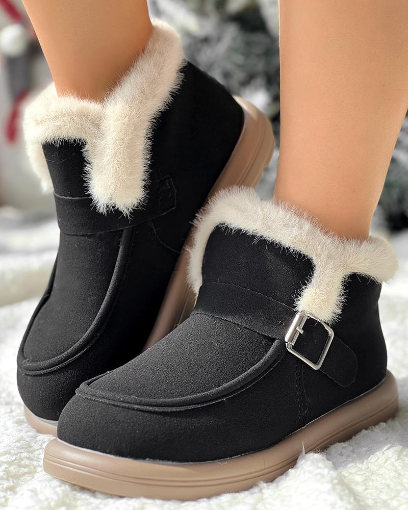 Buckled Fuzzy Lined Warm Ankle Boots