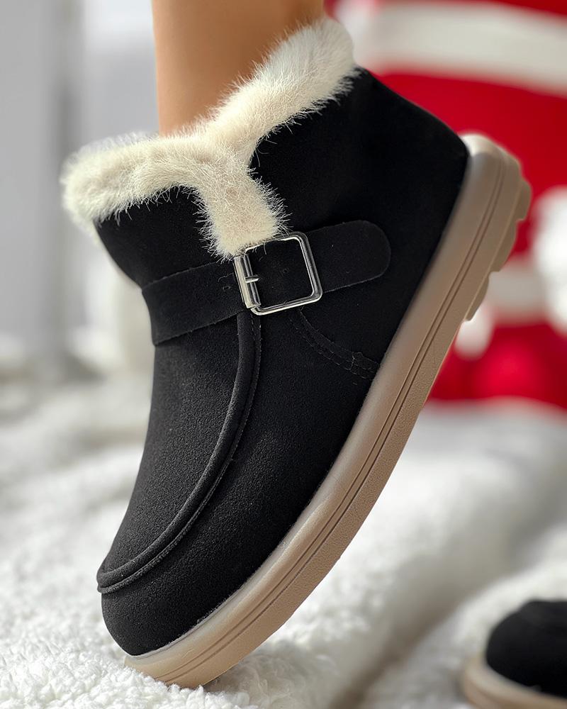 Buckled Fuzzy Lined Warm Ankle Boots