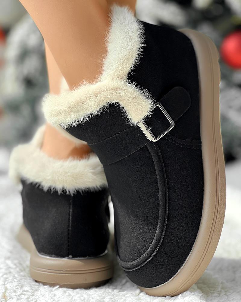 Buckled Fuzzy Lined Warm Ankle Boots