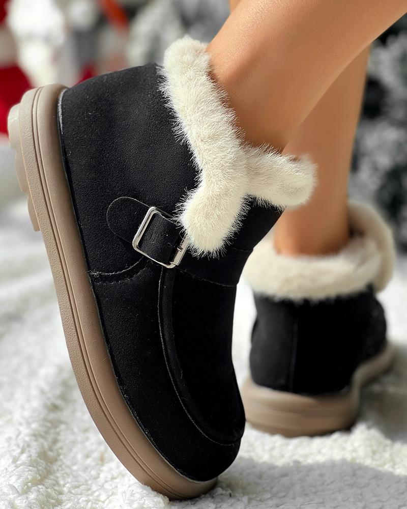 Buckled Fuzzy Lined Warm Ankle Boots