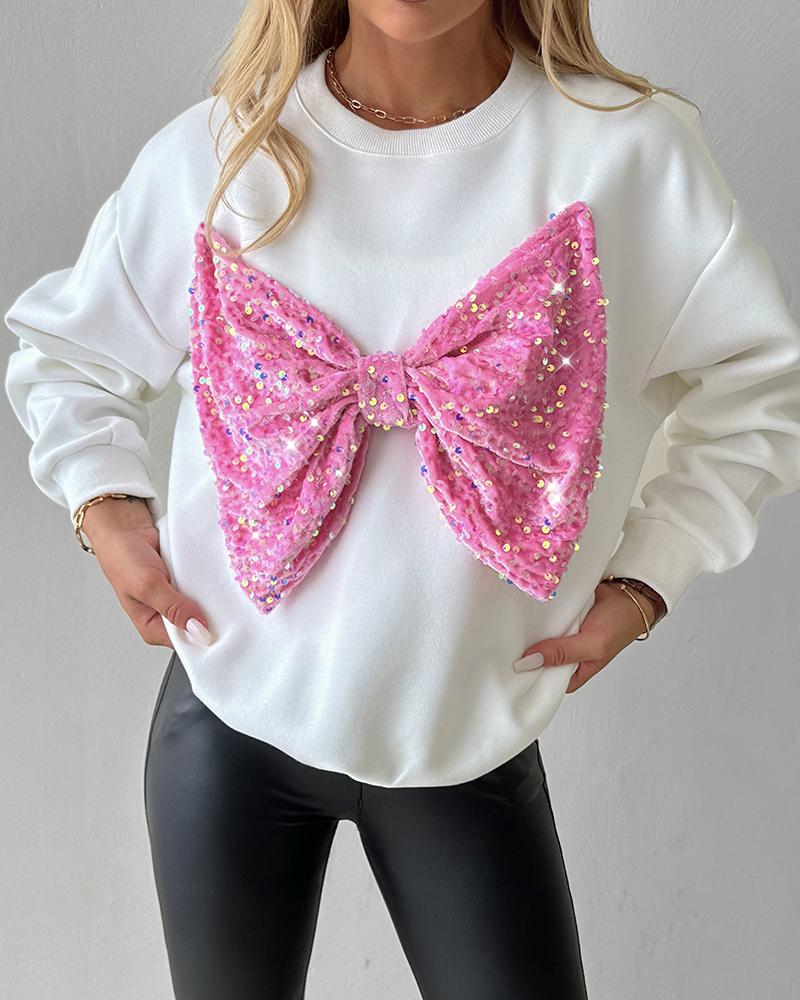 Round Neck Long Sleeve Contrast Sequin Bowknot Decor Sweatshirt