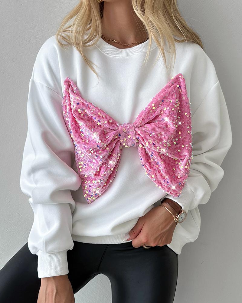 Round Neck Long Sleeve Contrast Sequin Bowknot Decor Sweatshirt