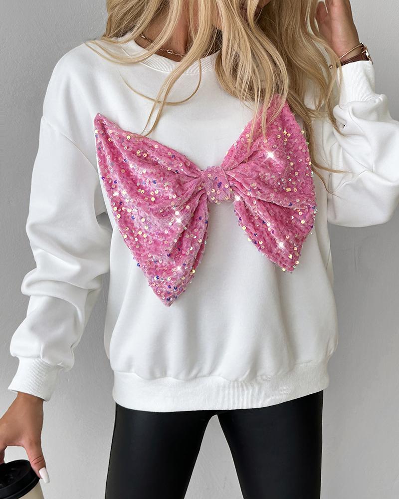 Round Neck Long Sleeve Contrast Sequin Bowknot Decor Sweatshirt