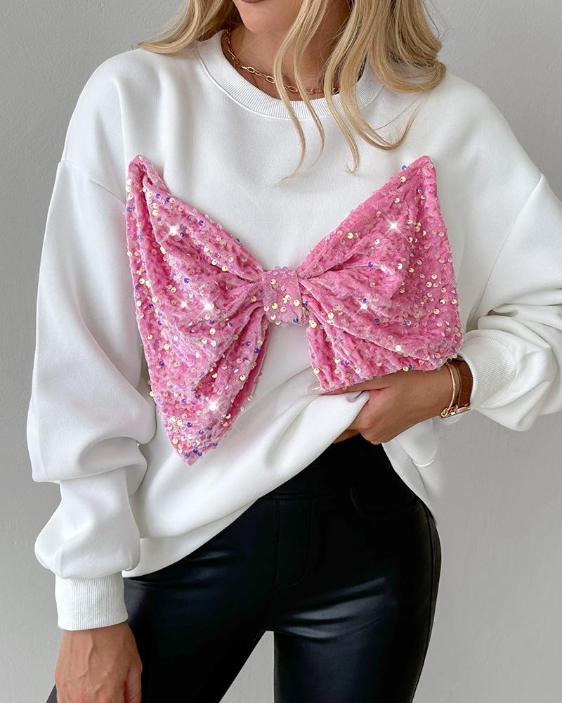 Round Neck Long Sleeve Contrast Sequin Bowknot Decor Sweatshirt