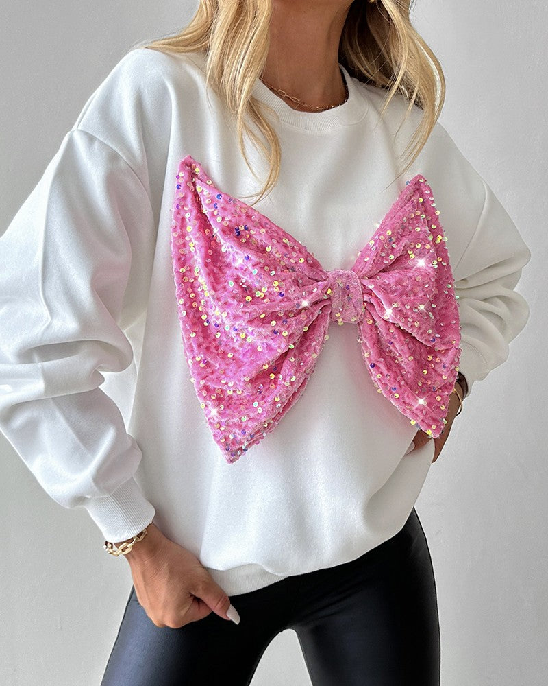 Round Neck Long Sleeve Contrast Sequin Bowknot Decor Sweatshirt